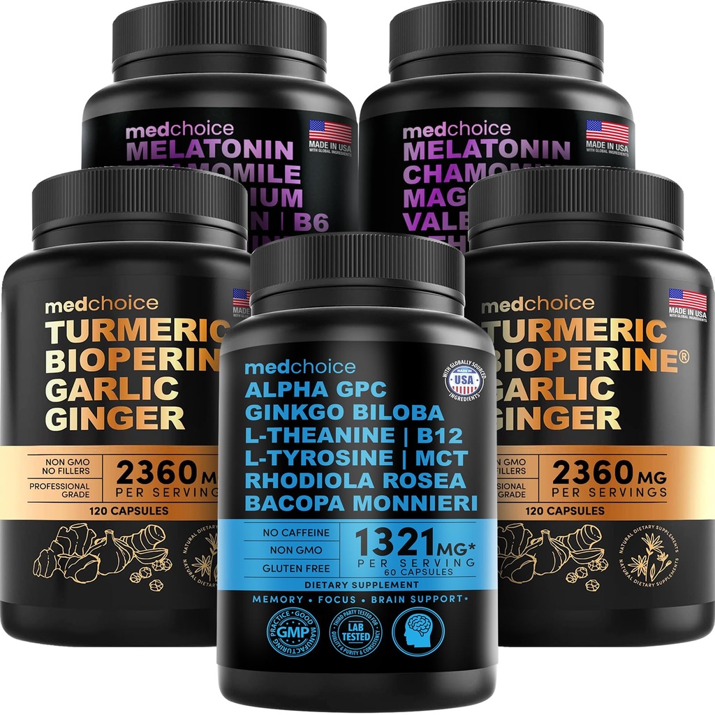 MEDCHOICE Turmeric & Ginger (240ct), Sleep Melatoniin (180ct) ja Nootropic Brain (60ct) Supplement Bundle - Wellness Trio aju, une ja immuunsüsteemi tugi - Vegan, Non-GMO, Gluteenivaba