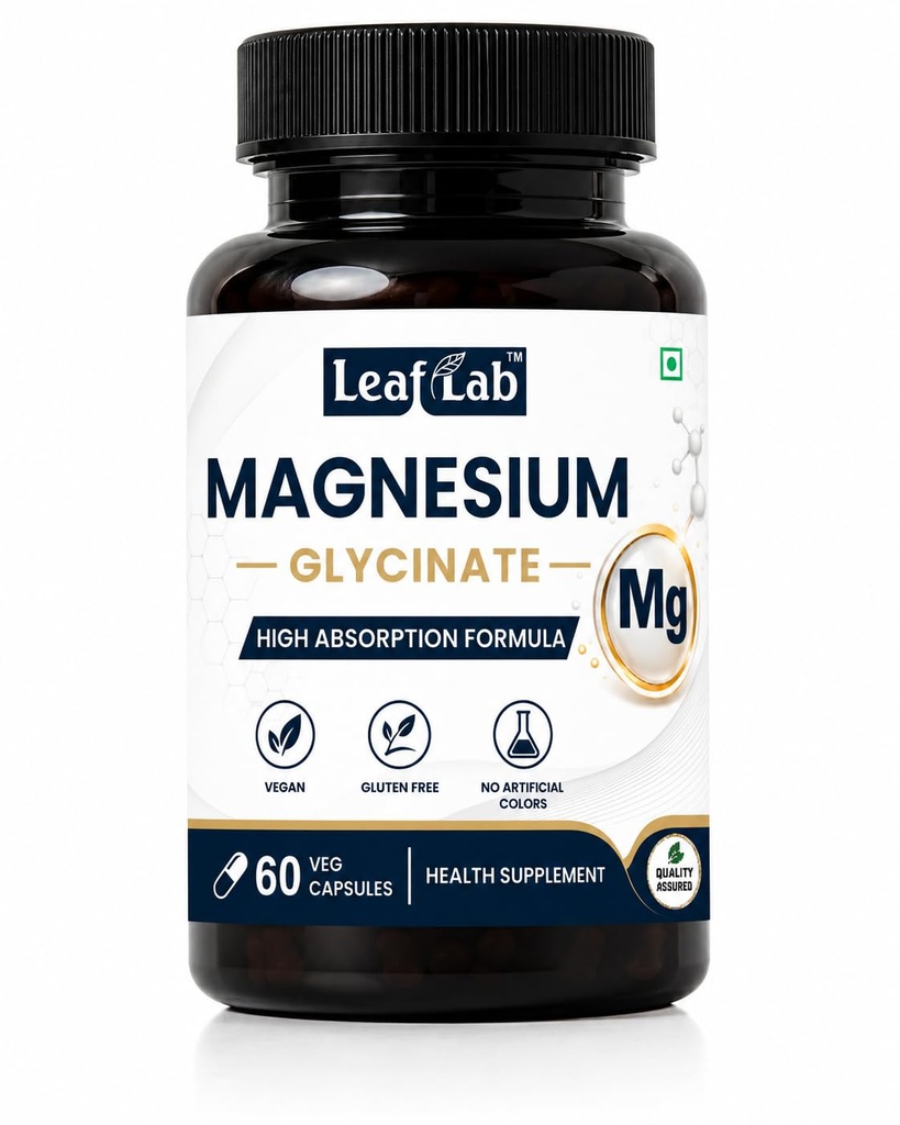 LeafLab Chelated Magnesium Glycinate (Bisglycinate) | 1000mg Supplement For Sleep, Stress, Muscle Recovery & Cramps Relaxation Support| 210mg Elemental Magnesium | High Absorption | 60 Veg Capsules