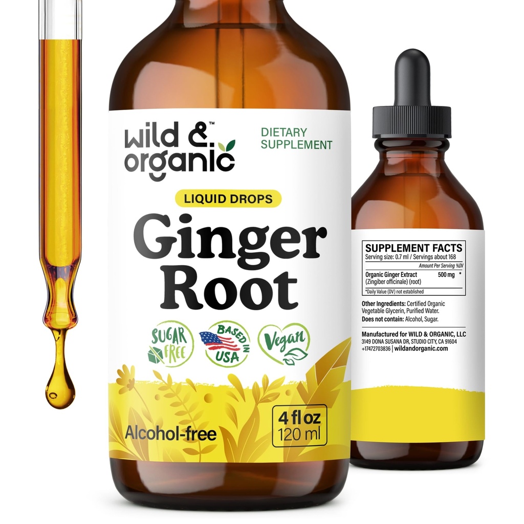 Wild & Organic ingveri juure ekstrakti tilgad - Immune & Seedetrakti tugi - Vedel ingveri toidulisandid - Vegan, suhkur ja alkoholivaba tinktuur - 4 fl oz
