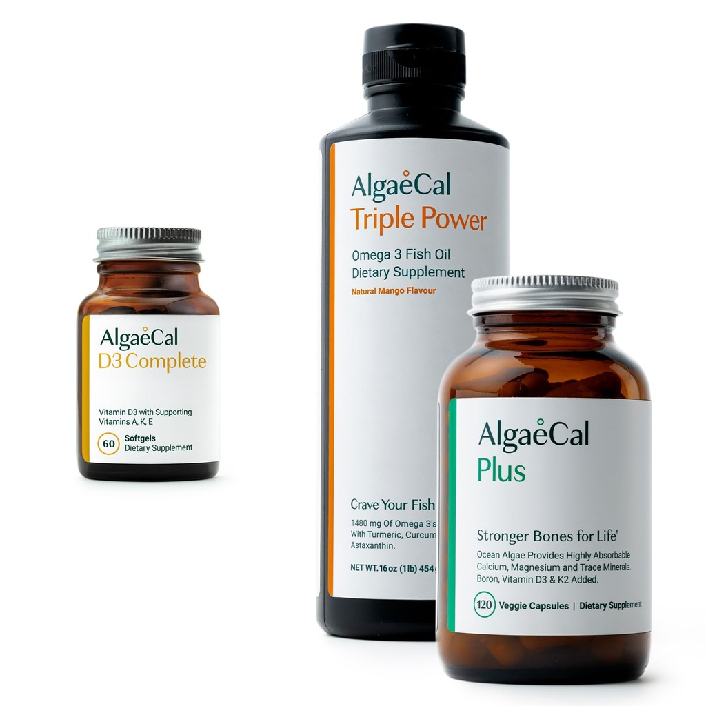 ALGAECAL Bundle - Vitamiin D3 Täielik (1000 RÜ) + Vitamiinid K2, E & A & Taimne Kaltsium Tugevamatele Luudele & Kalaõli Omega 3 1200 mg EPA DHA