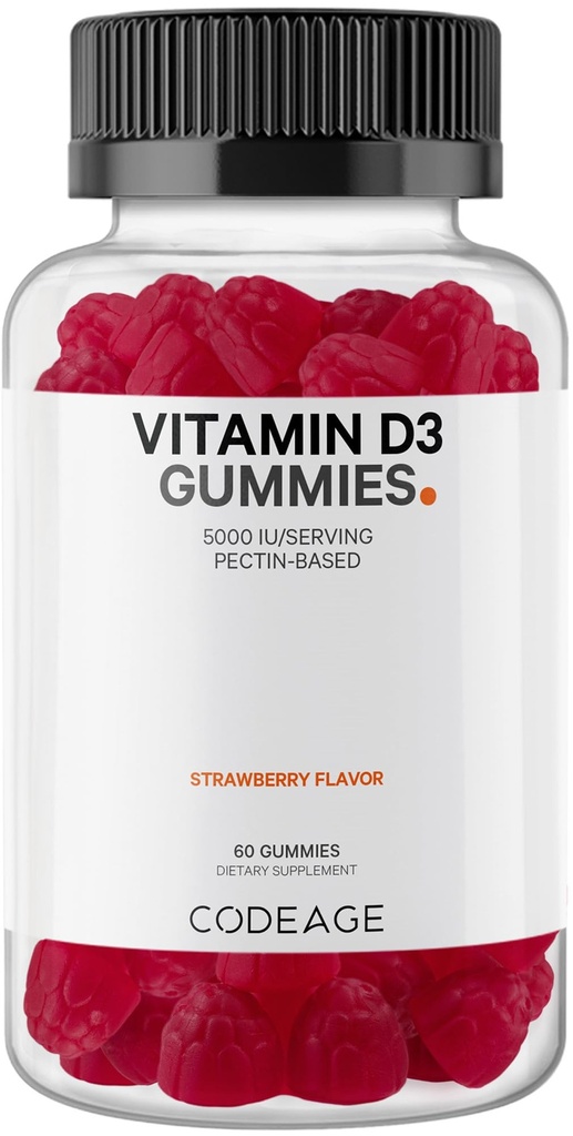 Codeage Vitamiin D3 Kummi Vitamiinid, Vitamiin D3 5000 RÜ Kummid Kolekaltsiferool 125 mcg - 2-kuuline tarne - Pehme Pectin-Based, Loomne želatiinivaba Vitamiinid Kummi, Maasika, Gluteenivaba - 60 Gummies