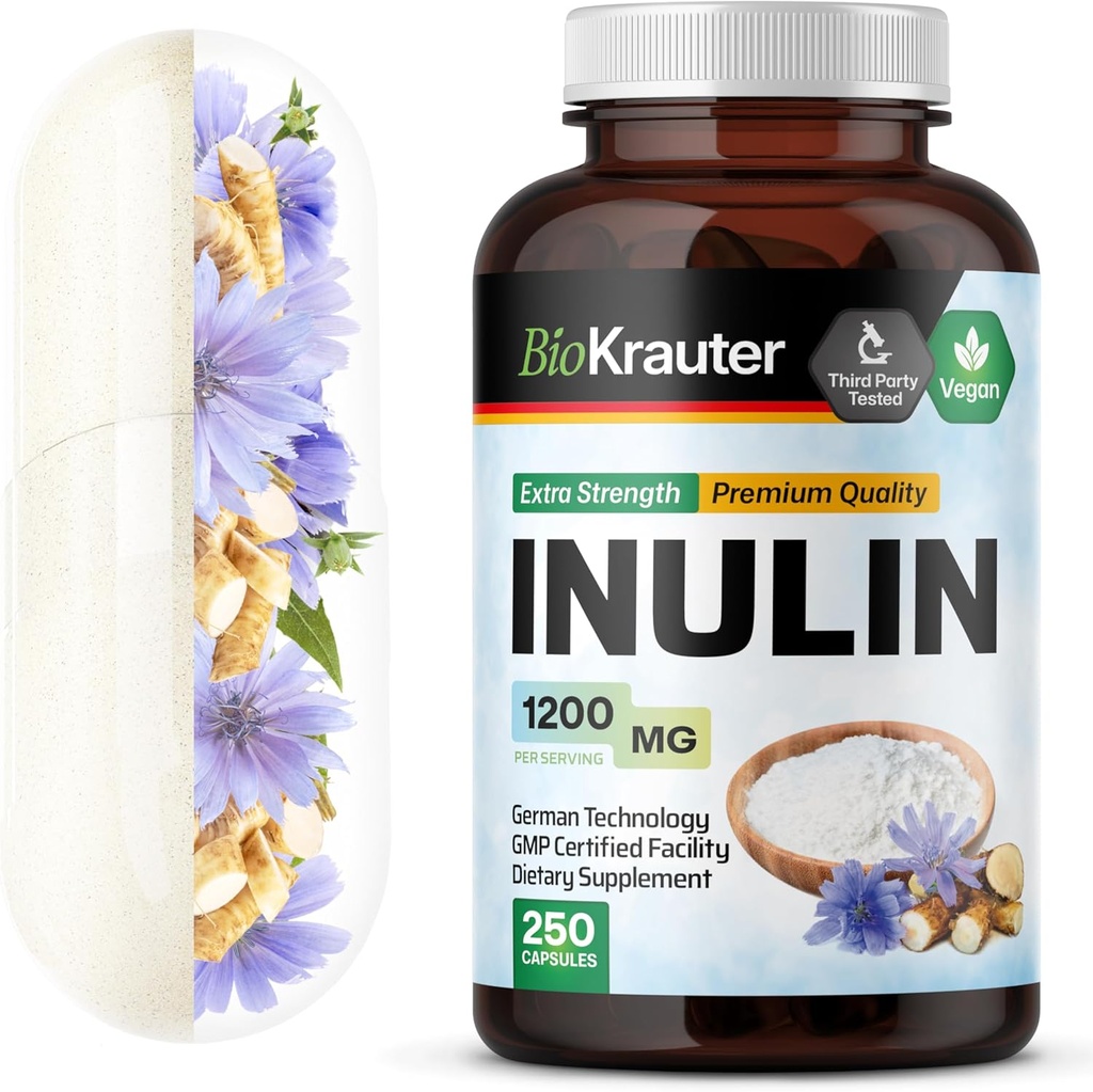 BIO KRAUTER Inuliinipulberkapslid - Inuliin Prebiootiline kiud 1200 mg Tugevus - 250 loend - Puhas lahustuv kiudainelisandid - siguri juure kiudkapslid seedetrakti toetamiseks - vegan