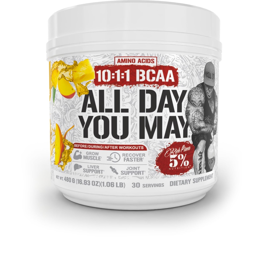 5% Toitumine Rikkalik Piana AllDayYouMay BCAA pulber | Premium Intra & Post Treening Aminohapped, Hüdratsioon, Kestvus, Lihaste Taastamine, Liigeste Ja Maksa Toetus | 16.93 oz, 30 Servings (Mango ananassi)