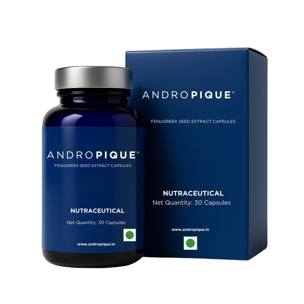 ANDROPIQUE- Natural Testosterone Supplement for men| Clinically backed | Patented Fenugreek seed extract | For energy, stamina, performance & endurance | 30 capsules