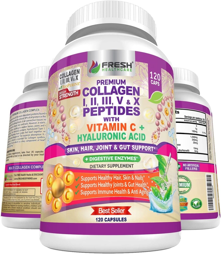 VÄRSKED TERVISHOIU Multi kollageeni pillid tüüp I, II, III, V & X Peptiidid C-vitamiini, hüaluroonhappega - toetab terveid juukseid, nahka, küüneid ja liigeseid - 120 Kosheri kapslit