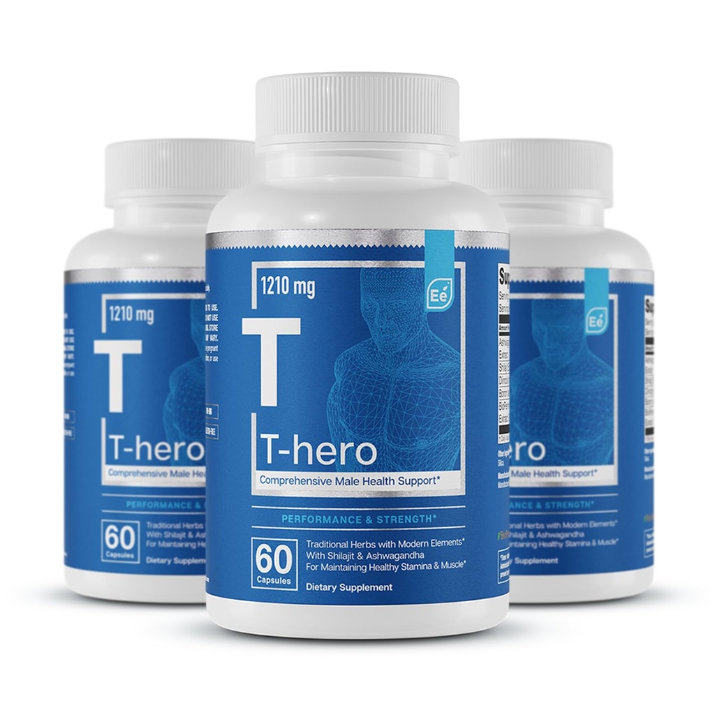 Olulised elemendid Meeste tervise täiendus - Lihaste tugi ja T-tervis DIM, Ashwagandha, Shilajit, Rohkem | T-Hero 60 Vegan Kapslid (3-Pack)