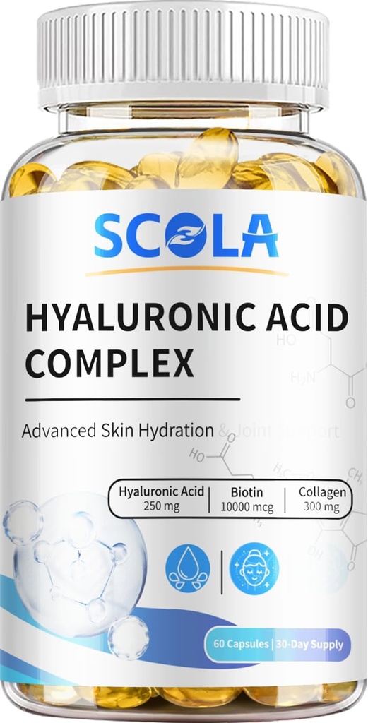 SCOLA Hüaluroonhappe kapslid - 250 mg HA + 10 000 mg biotiin, 60 vegankapslit | Sügavhüdraat, juuste ja küünte tugi | Mitte-GMO valem