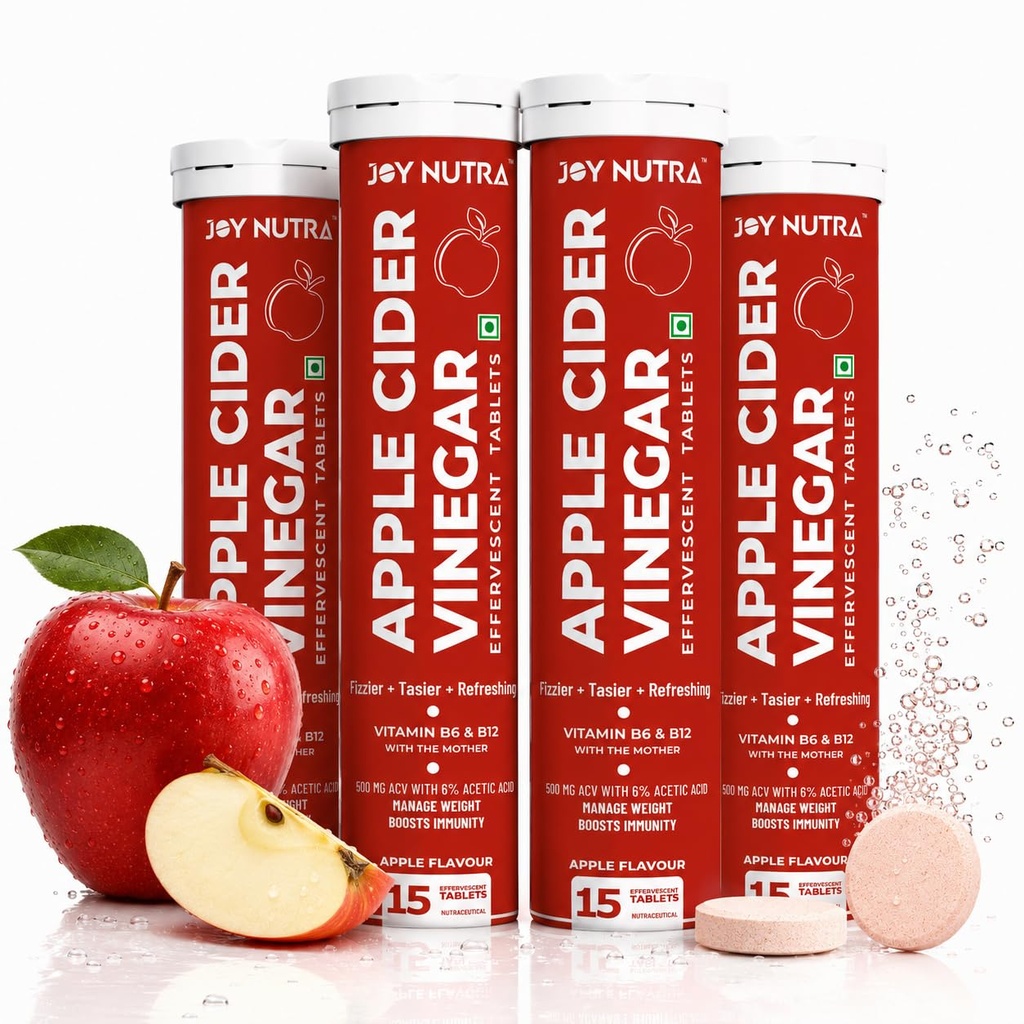 Apple Cider Vinegar Effervescent Tablet With The Mother | Supports Metabolism & Control Cravings | With 500mg ACV, Vit B6 & B12 | No Added Sugar | 15 Tablet (Pack of 1) (60 Tablets (Pack of 4))