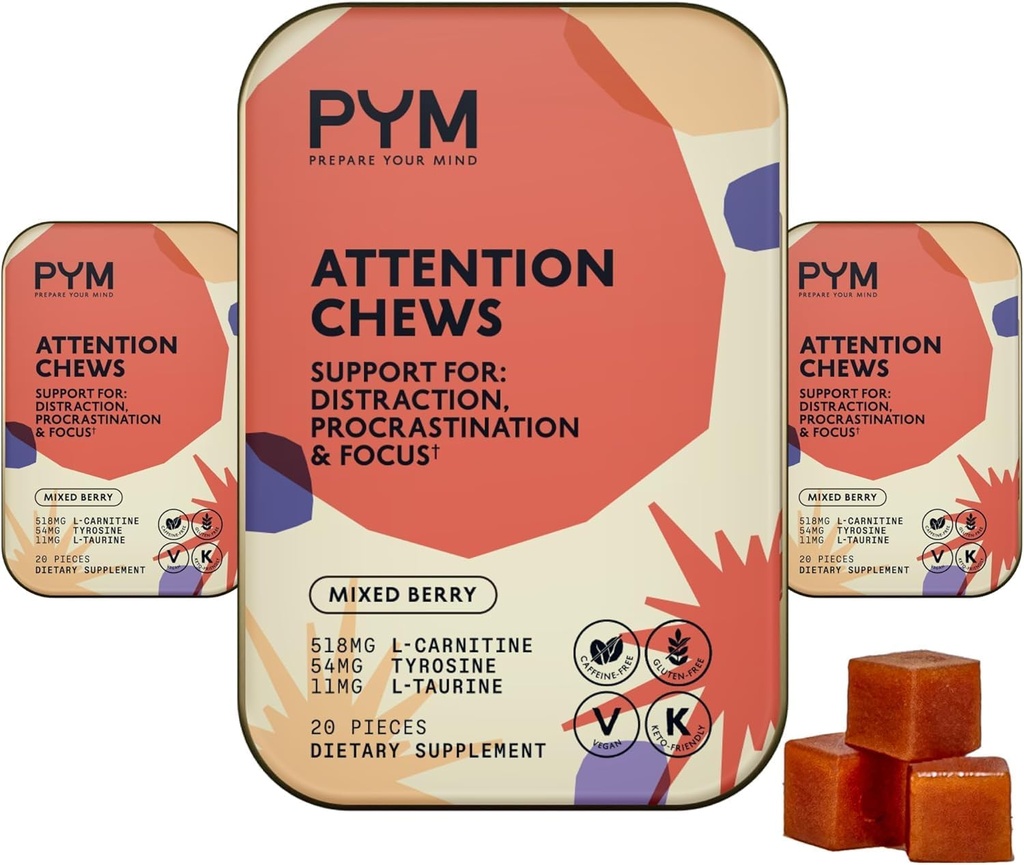 PYM Tähelepanu Chews toetus edasilükkamine, fookus ja tootlikkus, 60 Count | 518mg L-karnitiin, 54mg Tyrosine, 11mg L-Taurine - kofeiinivaba | All Natural Mood Boost Supplement Made in USA