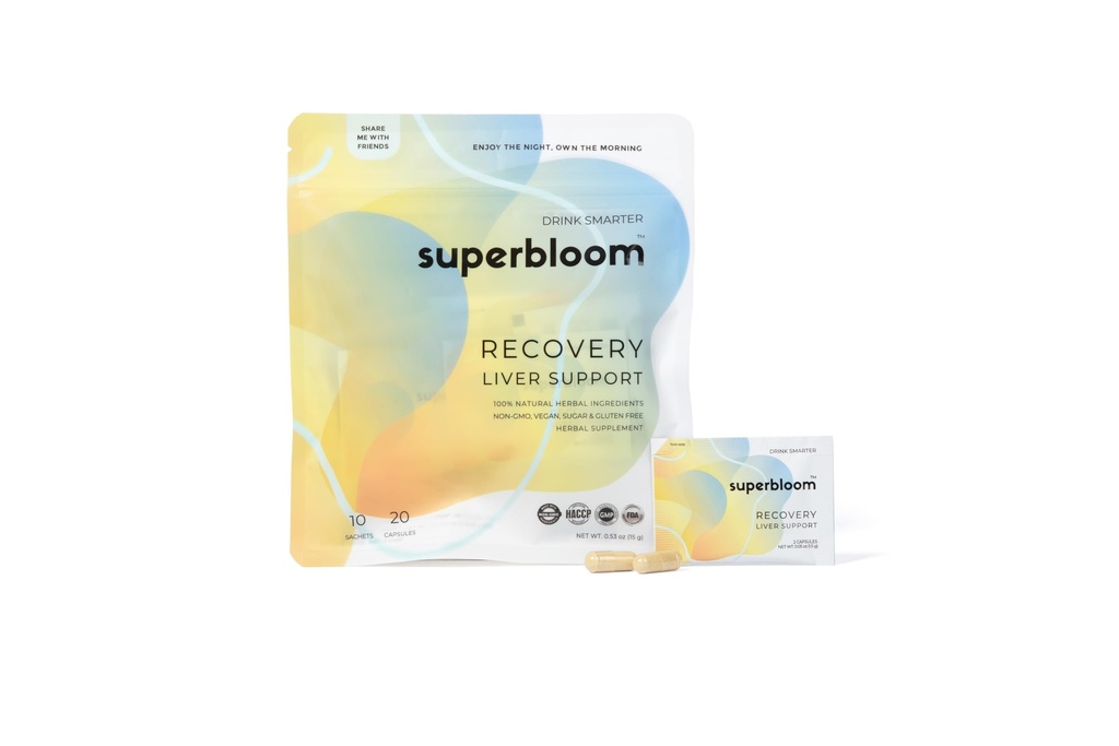 Superbloom Recovery Maksatoetus | Maksa detox DHM-i, kurkumi, piimaohakaga | 10 kotikest, 20 kapslit | Naudi ööd, oma hommikut