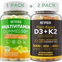 NEVISS 50+ Daily Gummy Multivitamiini vetikad Omega 3 & Kaltsium, CoQ10, Magneesium + Vitamiin D3 5000IU Gummies 125mcg kaltsiumiga 600mg, K2(MK7) 200mcg