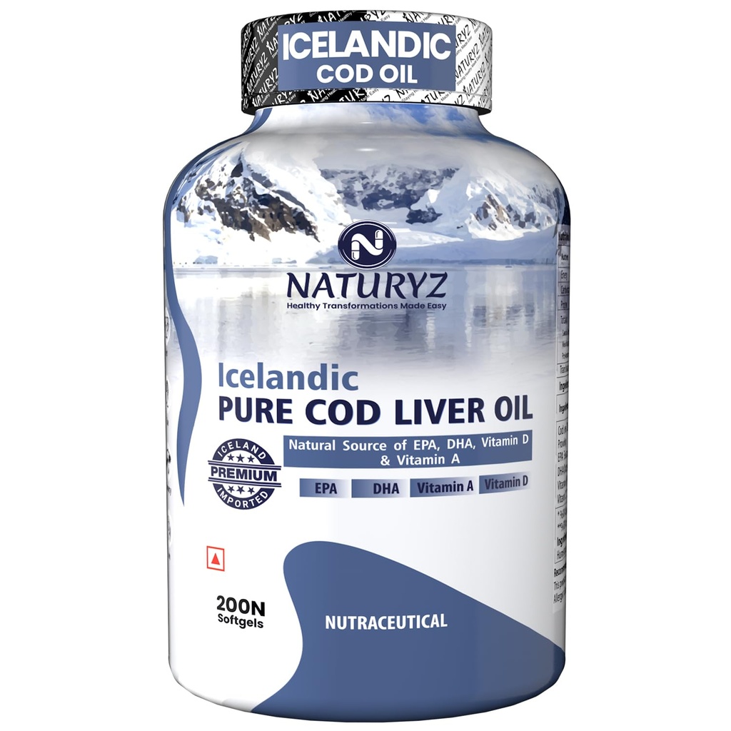 Naturyz Imported Icelandic Cod Liver Oil Capsules With Natural Omega 3 (Epa & Dha,Rich In Vitamin D & A,Mercury Free,Immunity,Skin,Eye,Muscle & Joint Health Softgels,200 Softgels,1 Count)