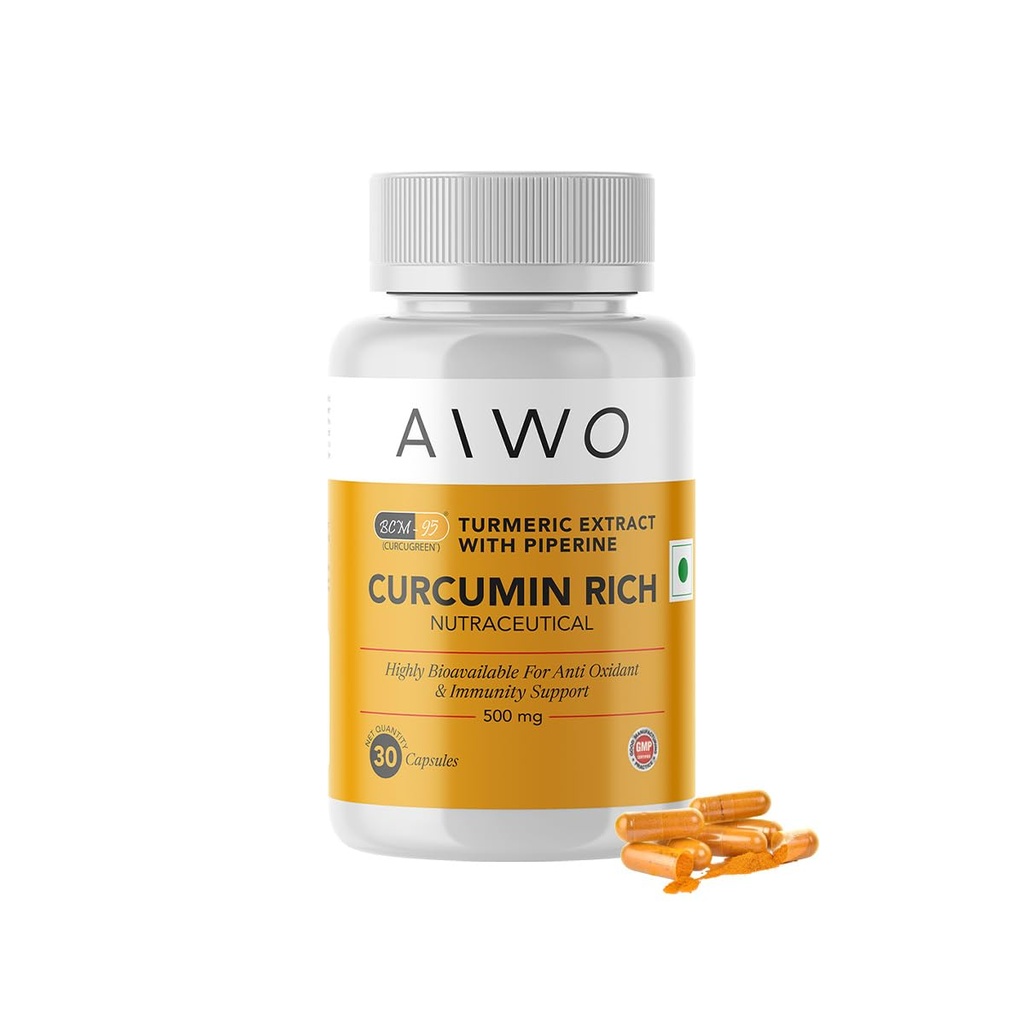 AIWO Curcumin BCM-95® with Piperine – 30 Vegetarian Capsules | Highly Bioavailable Antioxidant, Joint, Bone, Immune & Liver Support