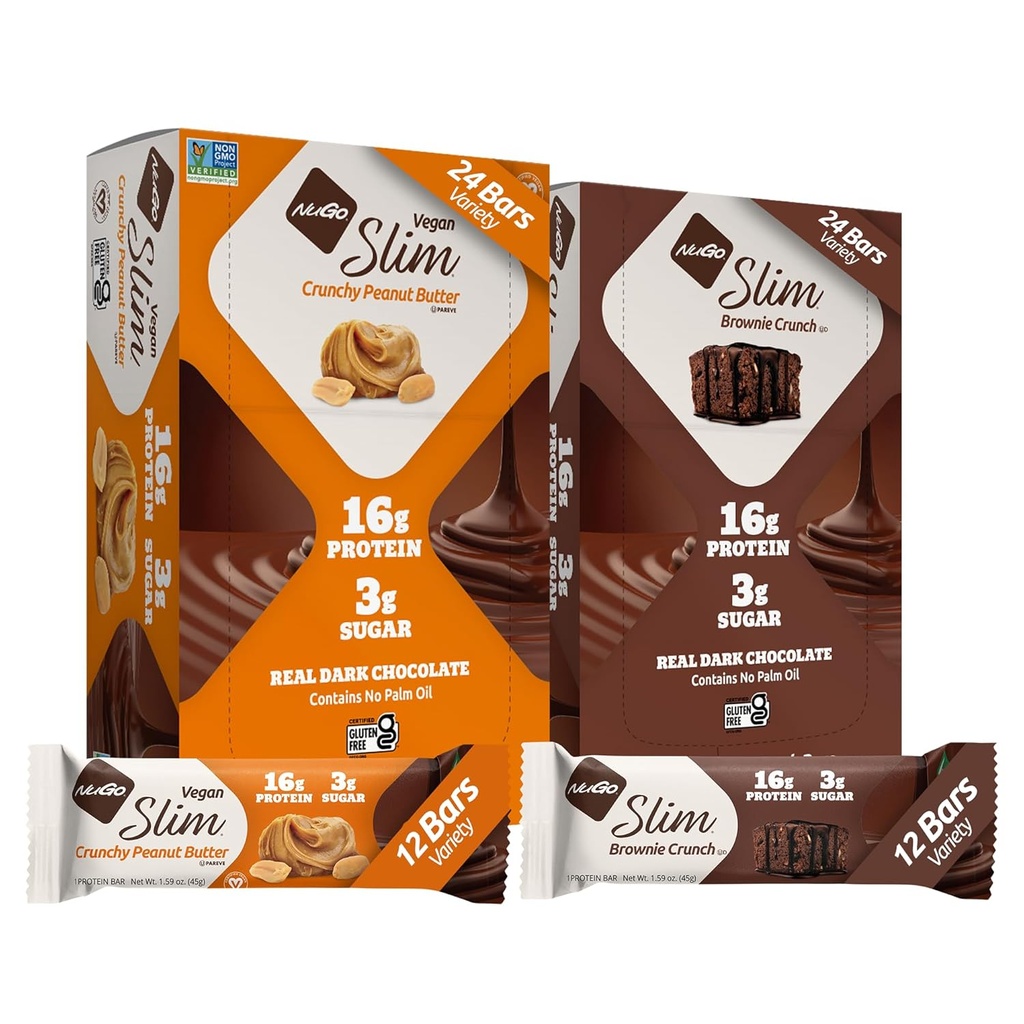 NuGo Slim 24ct Variety - Crunchy Maapähklivõi 12 baari ja Brownie Crunch 12 baari, 16 g valku, Keto Sõbralik, Gluteenivaba, 24 krahv