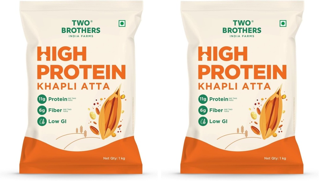 Two Brothers Organic Farms - Khapli Protein Atta (1kg) | Certified Glyphosate-Free | 11g Protein & 6g Fiber Per 2 Rotis | Low GI Emmer Wheat | 2X Protein vs Regular Atta | No Additives | Slow-Milled