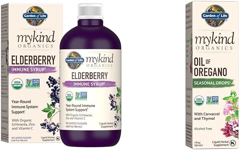 Eluaed Orgaanika Taimepõhine Elderberry Immune Syrup 6.59 fl oz & Organics Oregano õli Hooajalised tilgad 1fl oz (30 ml) Vedel