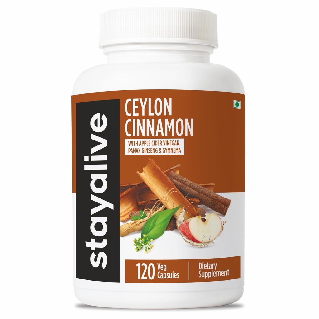 STAY ALIVE Ceylon Cinnamon Supplement, 8-in-1 Extract w/ACV, Turmeric, Ginger, Ginseng, Gymnema, Chromium & Black Pepper Powder, 120 Pills, Non-GMO & Gluten-Free Ceylon Cinnamon Capsules