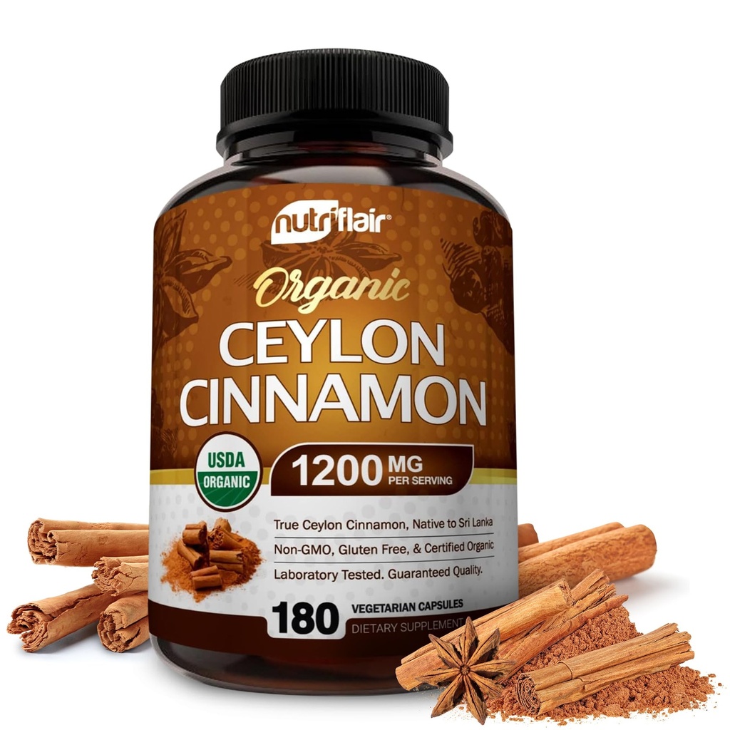 NutriFlair Organic Ceyloni kaneel (100% sertifitseeritud orgaaniline tseeloni kaneel) 1200mg serveerimise kohta, 180 kapslit - liigesed, põletikuline, antioksüdant