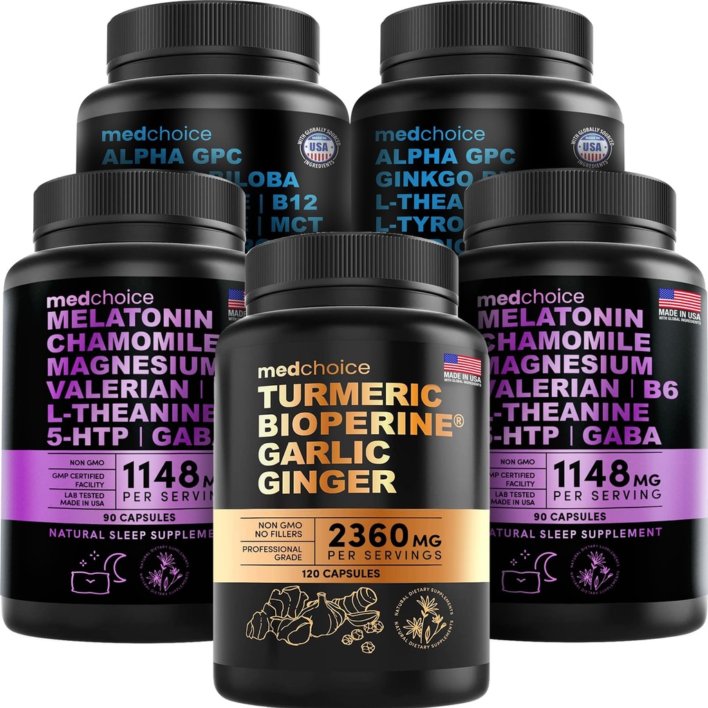 MEDCHOICE kurkum ja ingver (120ct), une melatoniin (180ct) ja nootroopne aju (120ct) täienduspakett - tervise trio aju, une ja immuunsuse toetamiseks - vegan, mitte-GMO, gluteenivaba