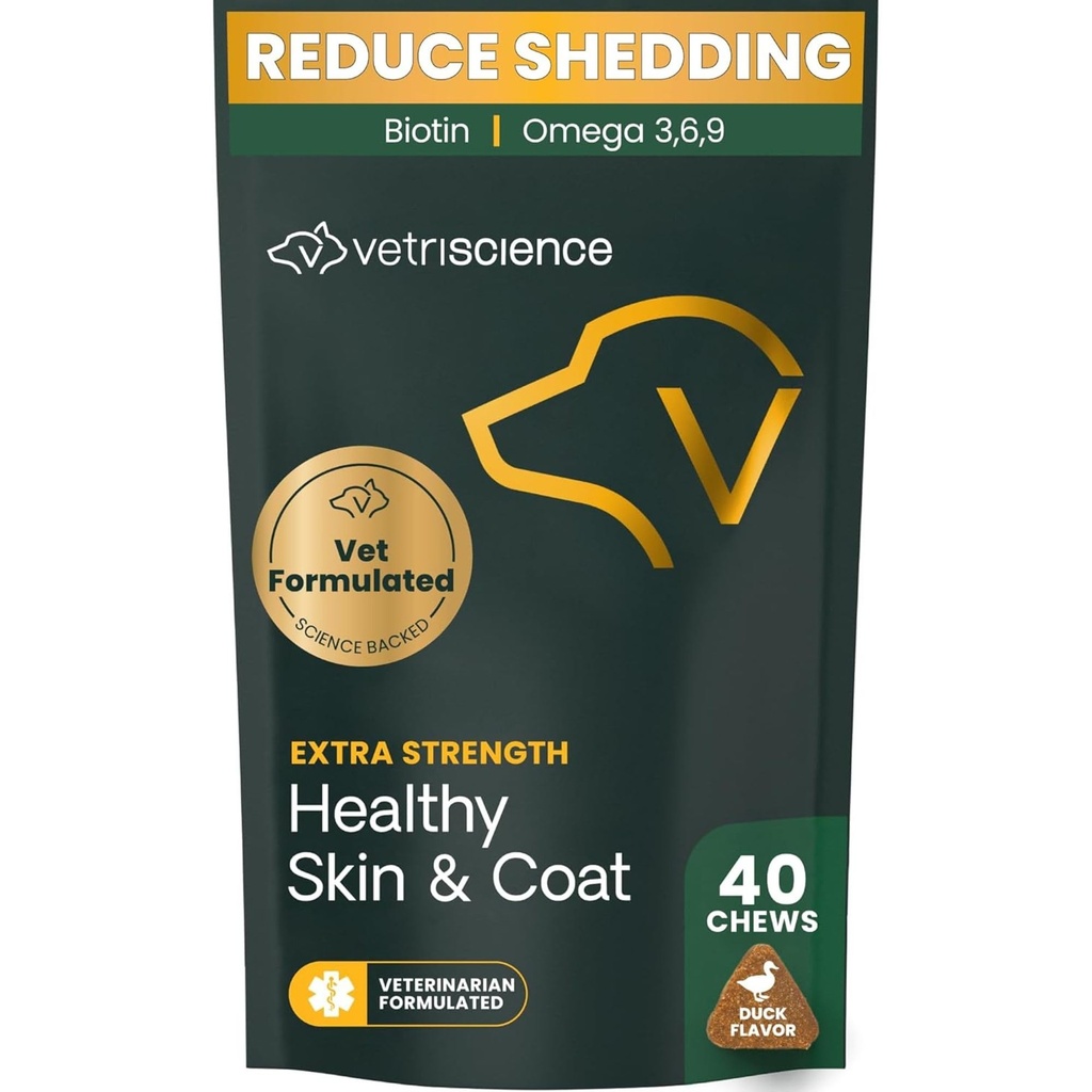 VetriScience Extra Tugevus Tervislik Naha ja Coat Chews, Omega Plus toidulisand koertele, tasakaalustatud omega 3, 6, 9, kalaõli ja biotiin, naha tervis, karvakasv ja sära, Part, 40 Count