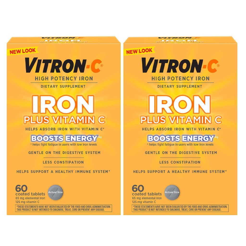 Vitron-C raualisand, üks kord päevas, kõrge potentsiga raud Plus C-vitamiin, punaste vereliblede tootmine, värvivabad tabletid, 60 loend, 2 pakendit