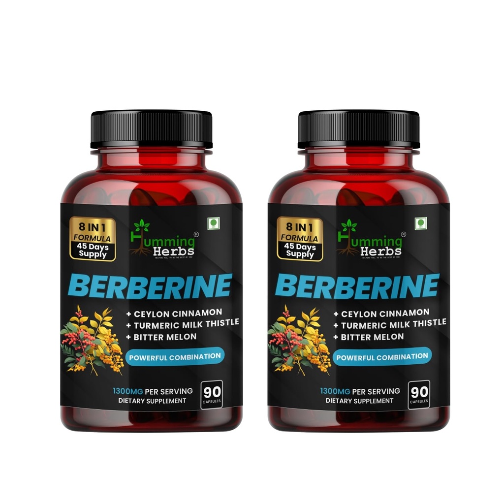 Humming Herbs Berberine Supplement | 8in1 | 180 Caps | with Ceylon Cinnamon Milk Thistle Bitter Melon & Probiotics - For Optimal Health - Pack Of 2