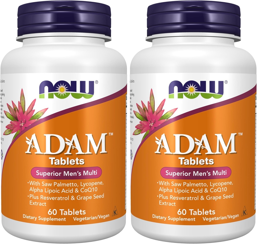 NOW Supplements, ADAMTM meeste multivitamiini Saw Palmetto, lükopeeni, alfa-lipohappe ja CoQ10, Plus Natural Resveratrol & Viinamarjaseemne ekstrakt, 60 tabletti (pakk 2)