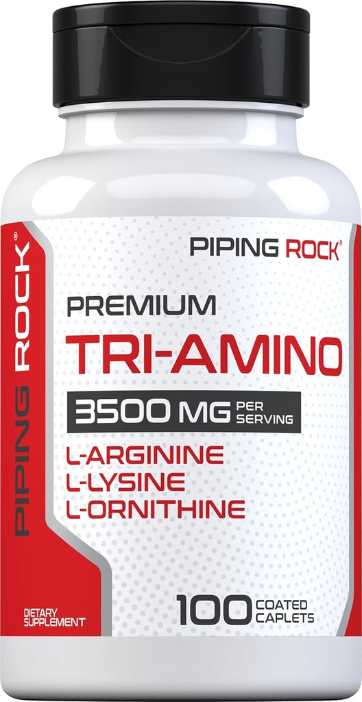 Piping Rock Tri Amino Supplement | 100 Caplets | Kompleks L-arginiin, L-Ornitiin, L-lüsiin | Taimetoitlane, mitte-GMO, Gluteenivaba