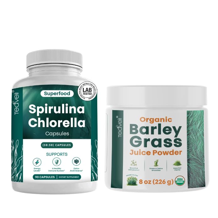 Teaveli Spirulina ja Chlorella kapslid ja Orgaic Odra Grass Mahl Pulber