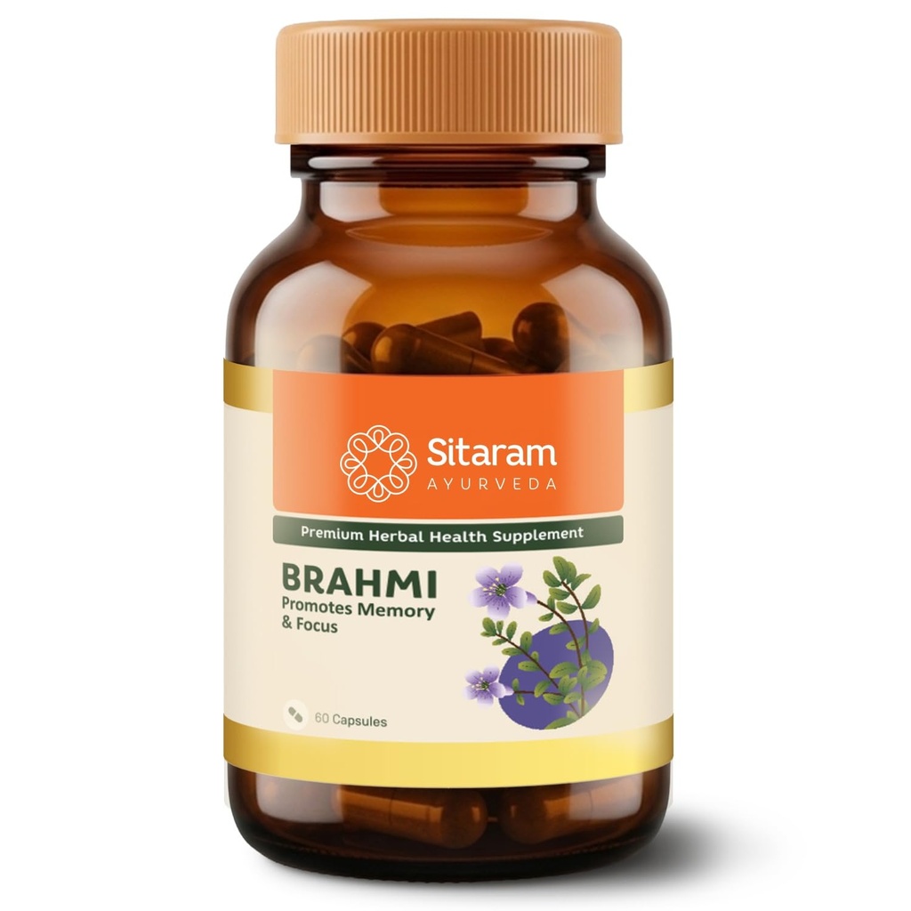 Sitaram Ayurveda Brahmi Capsules | Ayurvedic Brain Wellness Formula with Brahmi Extract | Helps Support Memory, Focus, Mental Clarity, Alertness & Stress Balance | Daily Cognitive Care | 60 nos