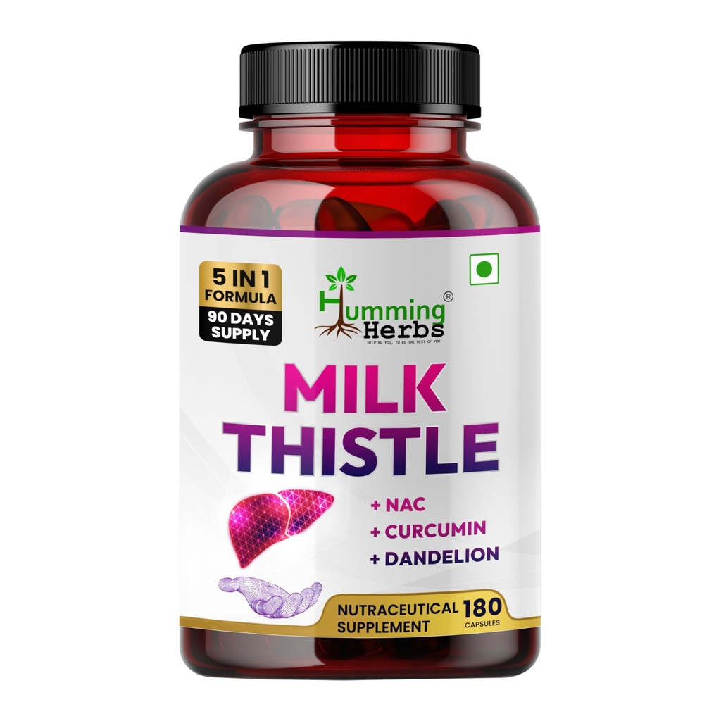 Humming Herbs Milk Thistle Supplement 1140mg Liver Support Formula with NAC, Curcumin, Dandelion and Black Pepper - Bioavailable Detox Supplement - Capsules - 180 Count