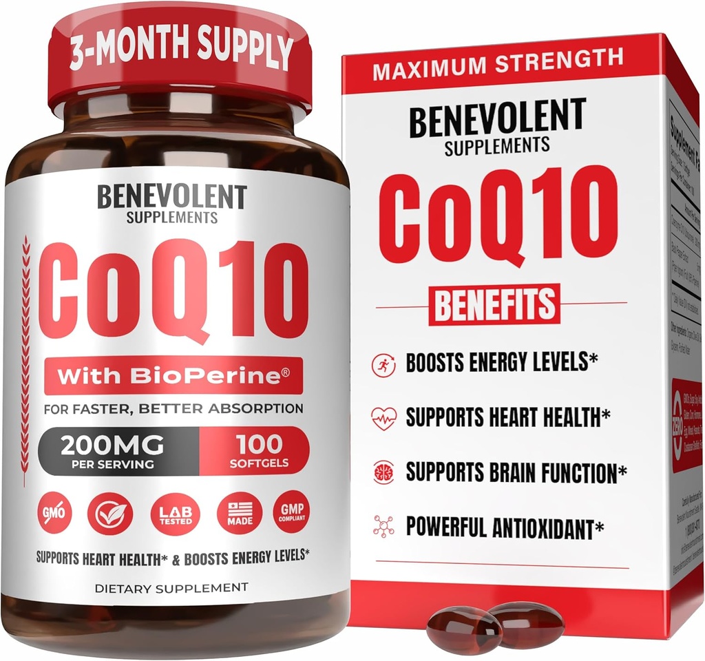 Heatahtlik puhas CoQ10 200mg Softgels with BioPerine® for Max Absorption, Ubiquinone Coenzyme Q10 Supplement for Heart Health, Energy Production, Healthy Aging & Antioxidant Support, 100 Softgels