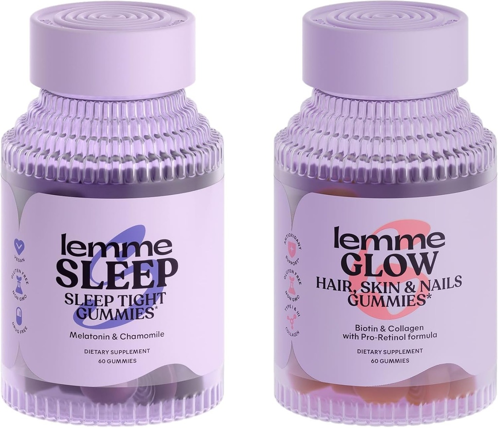 Lemme Sleep & Glow Bundle - Unekummid, ravimivaba öine abi & Glow Biotiin & kollageen Juuksekummid Tugevad, Paksud Juuksed Ja Vähendatud Shedding - Gluteenivaba, Gelatiin Vaba, Mitte-GMO - 60 Ct. Iga