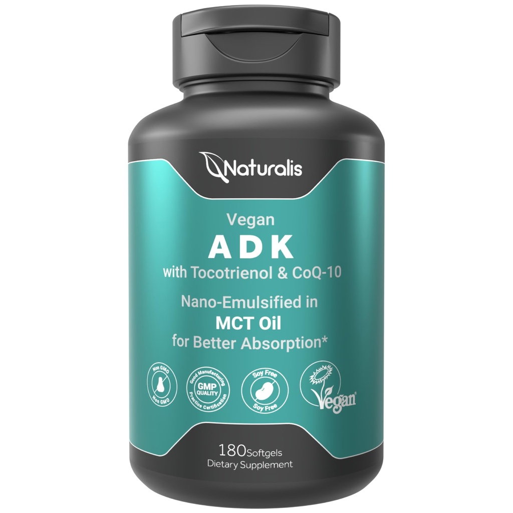 Naturalis Vegan Vitamiin ADK 50mg Tokotrienooli ja CoQ-10 | Nano-Emulgeeritud EVOO parema imendumise | Mitte-GMO, Sojavaba ja Vegan Society sertifitseeritud | 180 Veggie Softgels (Karrageen Free)