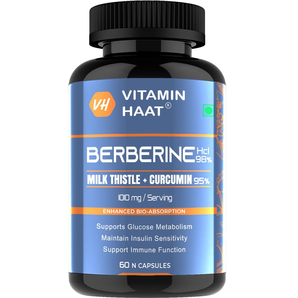 Berberine supplements | Liver Detox Supplement | Milk Thistle with Berberine HCl 98% | Liver Detox Berberine & Milk Thistle Supplement 1010mg Per Serving 60 Capsules by VitaminHaat