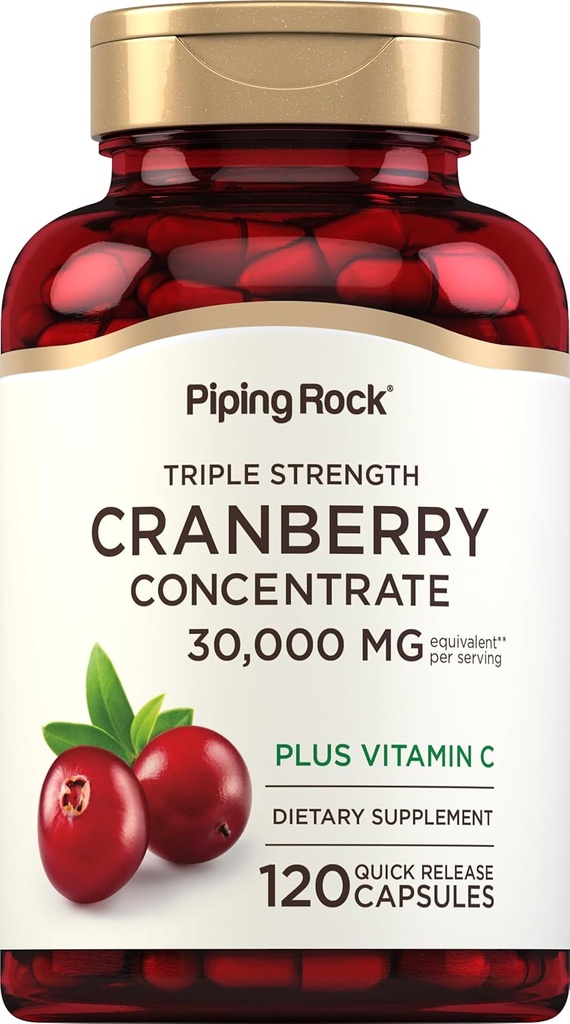 Piping Rock Cranberry pillid | 30 000 mg | 120 kapslit | täiendus naistele ja meestele | Kolmekordne tugevus Kontsentraat Ekstrakt Plus C-vitamiin | Mitte-GMO, Gluteenivaba