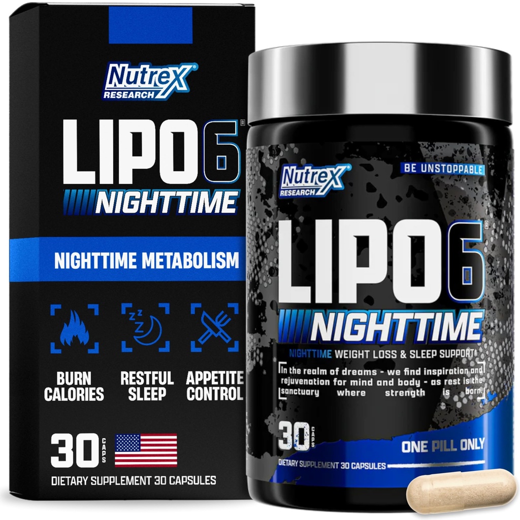 Nutrex Lipo 6 Öine rasvapõletaja | Melatoniin Sleep Aid & Weight Loss Dieet pillid meestele ja naistele | Öine aeg Metabolism Booster isu vähendav | 30 Servings (1)