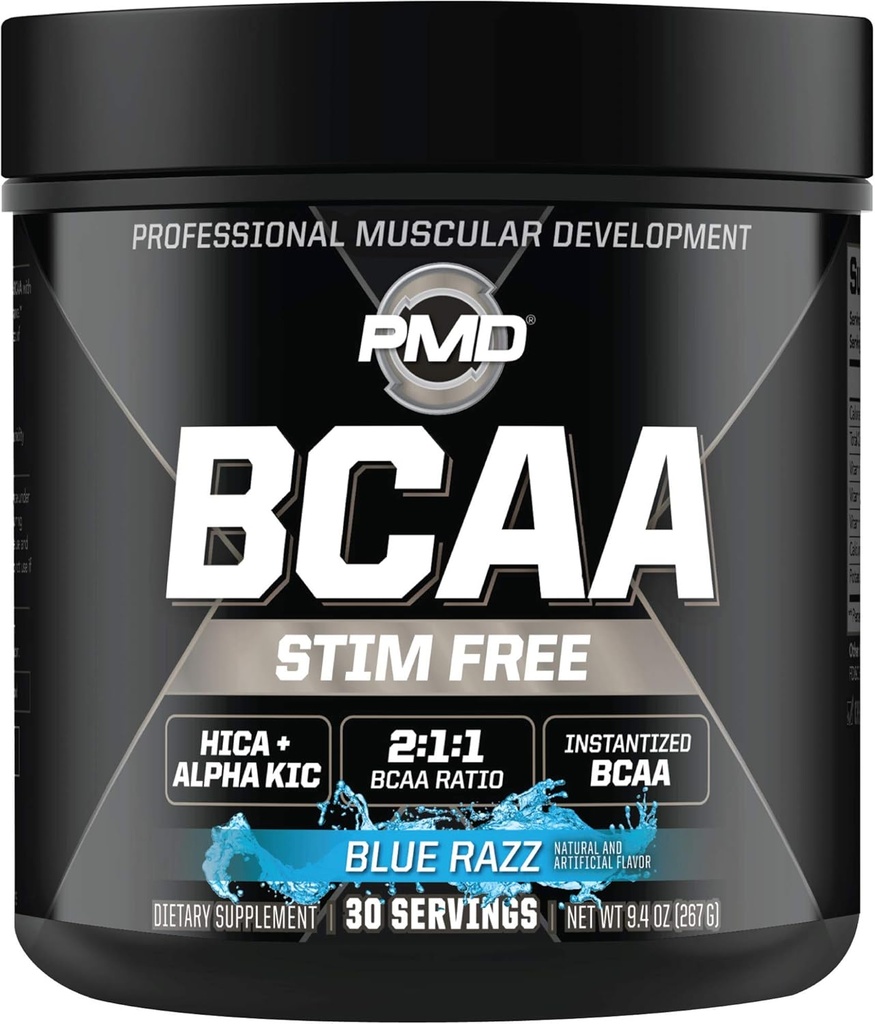 PMD Sports BCAA Stim-Free Aminohapped - parem treening, täiustatud taastumine, igapäevane energia, lihaste ehitaja ja lihaste säästmine - BCAA pulbrijoogi segu - sinine razz (30 serveerimist)