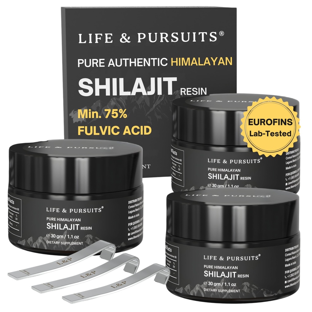 Life & Pursuits Pure Authentic Himalayan Shilajit Resin | Min. 75% Fulvic Acid, Lab Tested, Natural Gold Grade, 85+ Trace Minerals (Pack of 3)