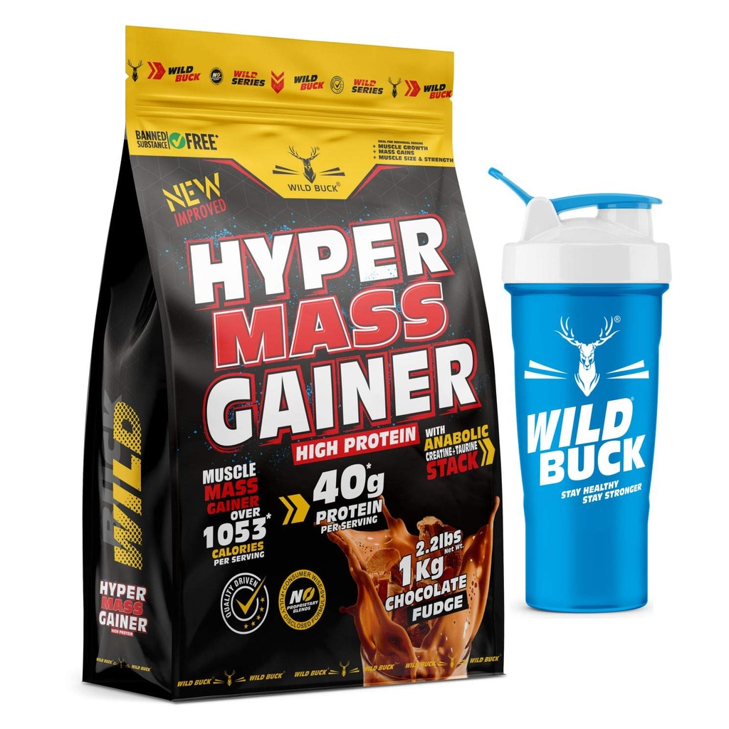 Wild Buck Hyper Mass Gainer, High Protein Muscle Mass Gainer with Creatine + Taurine,1053 Calories & 40g Protein, Gain Strength & Size,for Men & Women [Chocolate Fudge,1 Kg Powder] Free Shaker