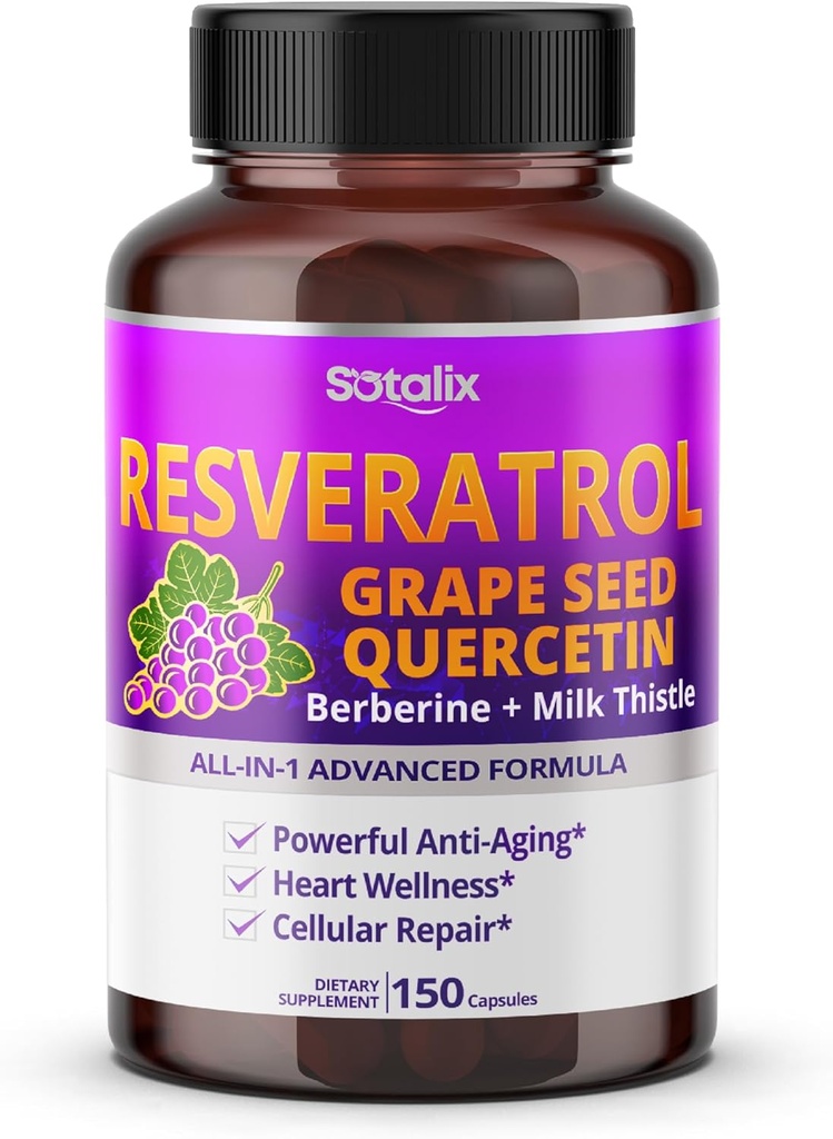 Resveratrool viinamarjaseemnega + Quercetin Berberine + piimaohakas Võimas vananemisvastane - USA valmistatud ja testitud (150-päevane pakkumine (1. pakend))