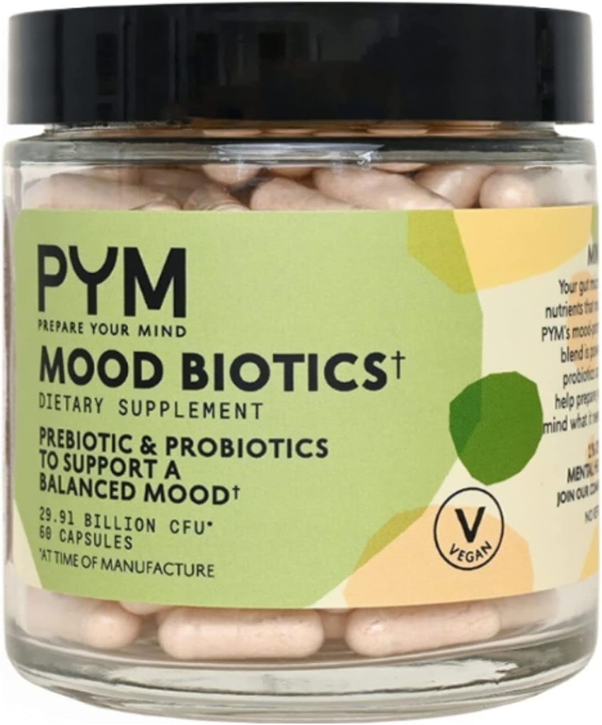 Prebiotics and Probiotics Mood Biotics by PYM with 22.91 Billion CFU (60 Count) Gut Health & Mood Support Supplement | Non-GMO, Vegan, Gluten Free