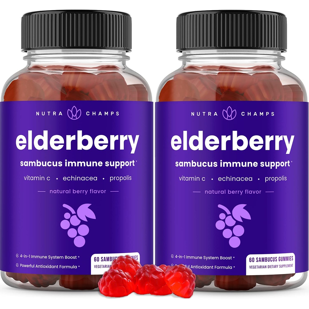 NutraChamps Elderberry Gummies, Sambucus Elderberry Gummies täiskasvanutele ja lastele, C-vitamiin, Propolis ja Echinacea, Max Tugevus Immune Support Gummies, Natural Berry Maitse, 120 Gummies (pakk 2)