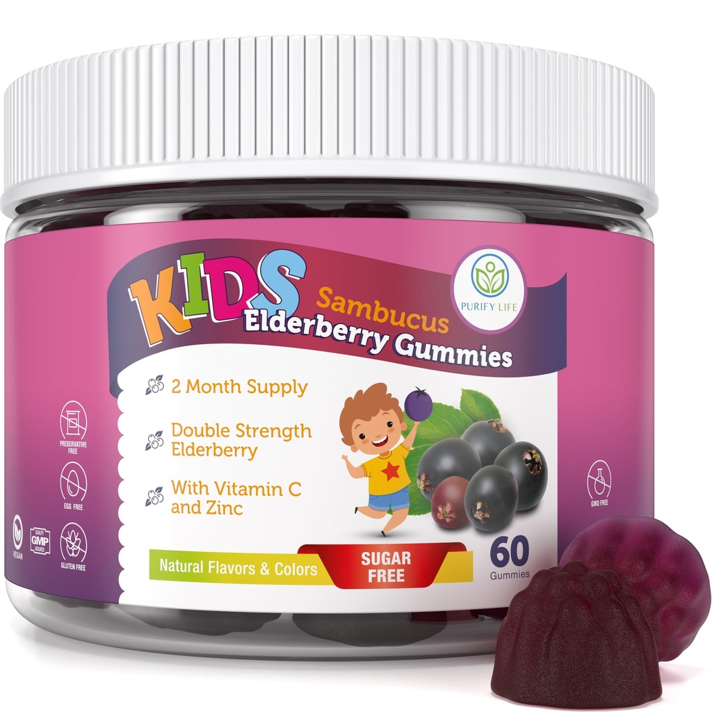 Puhastage Life Sugar-Free Kids Elderberry Gummies C-vitamiini ja tsinkiga - igapäevane immuuntoetus lastele, Sambucus Antioksüdant, Vegan, 60 Ct