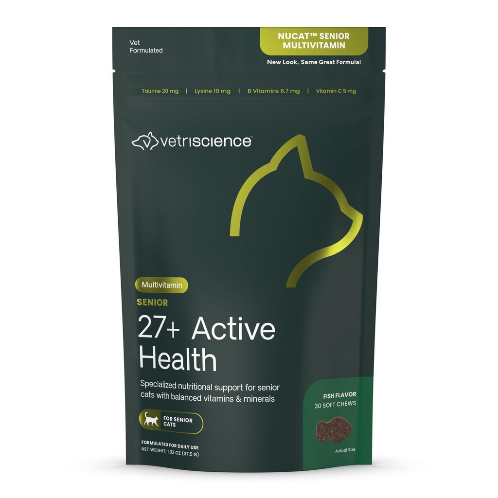 VetriScience Senior 27+ Active Health Chews, Nu Cat Daily Multivitamiinid eakatele kassidele, tasakaalustatud vitamiinid, mineraalid ja antioksüdandid, tervisliku vananemise ja heaolu tugi, kala, 30 Count
