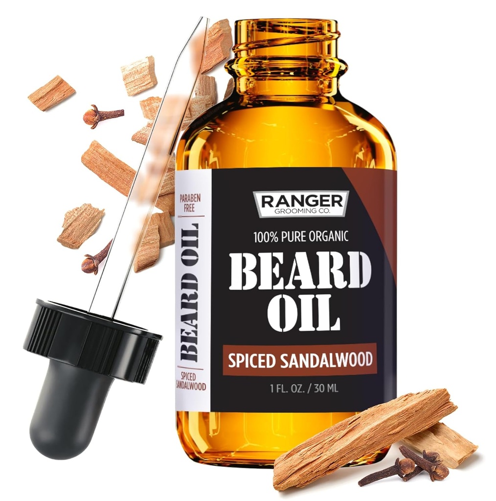 Leven Rose Spiced Sandalwood Beard Oil & Leave in Conditioner by Ranger Grooming Co, 100% Pure Natural Organic for Groomed Beards, Vuntsid ja niisutatud Skin 1 oz