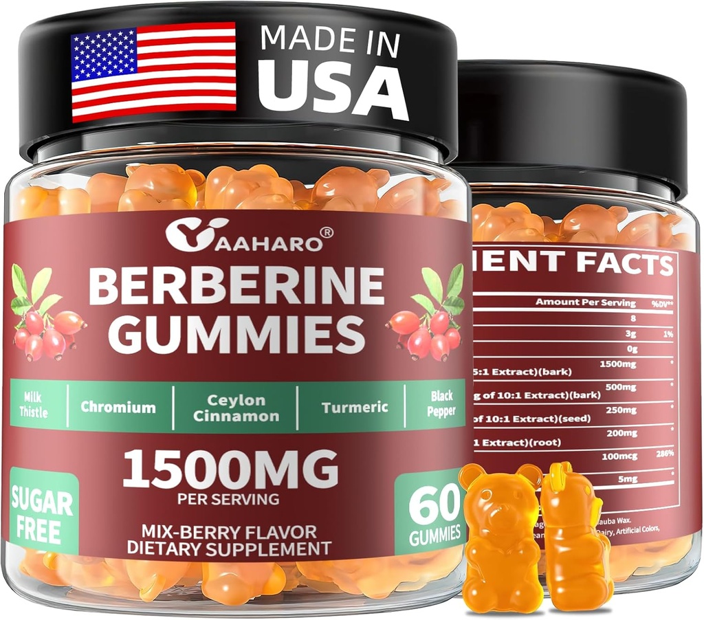 Berberiin koos Ceylon Cinnamon Gummies - 1500mg Berberine HCI täiendada kroomi, kurkum ja piimaohakas - Immuunsüsteemi tugi - naistele ja meestele - 60 suhkruvaba kummikud