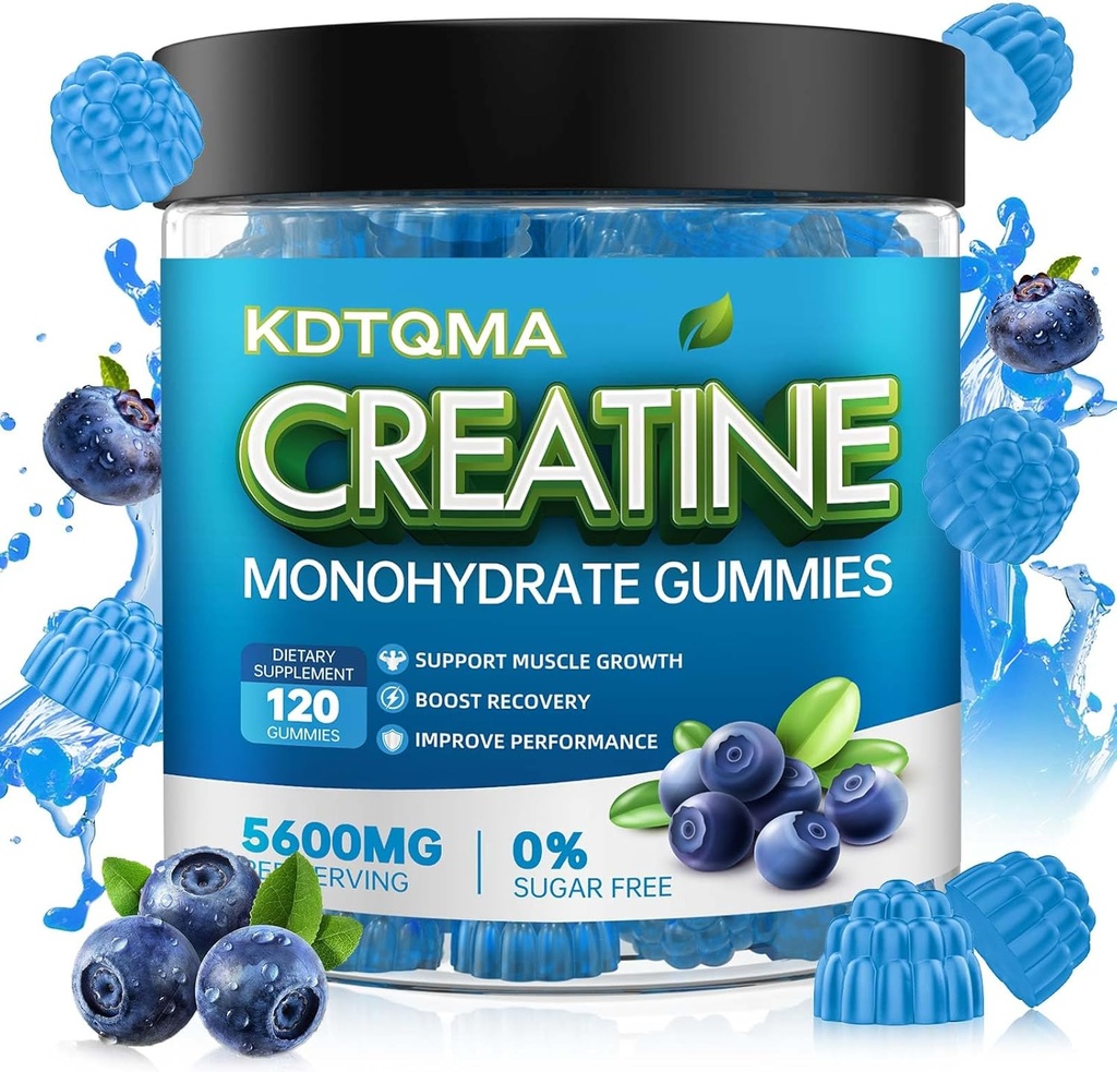 Kreatiinmonohüdraat Kummid meestele ja naistele 120 CT - 5600mg kreatiini monohüdraati ühe serveerimise kohta, näritav kreatiini monohüdraat lihaste toetamiseks ja energia suurendamiseks, suhkruvaba, vegan (mustikamahl)