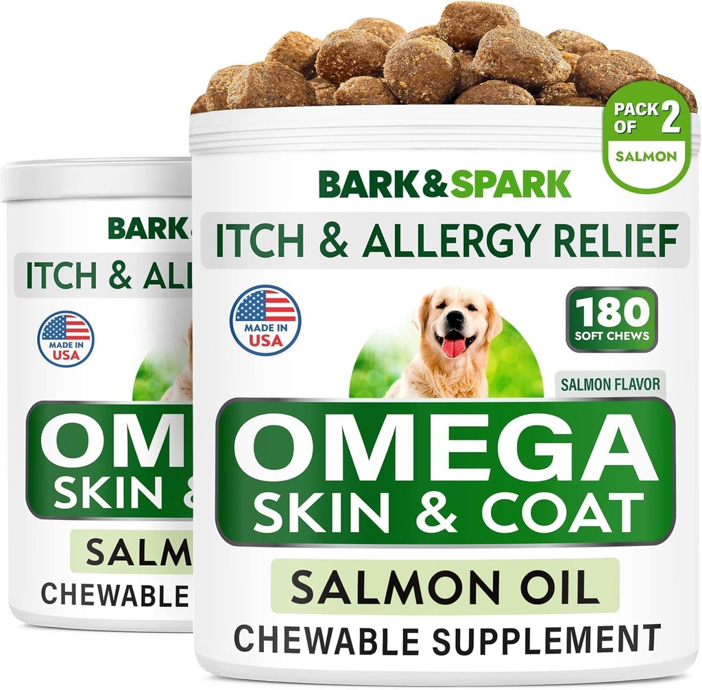 BARK & SPARK Omega 3 koertele - 360 kalaõli ravib koerte langemist, nahaallergiat, sütiku leevendust, kuumade kohtade ravi - liigeste tervis - naha- ja karvalisand - EPA & DHA rasvhapped - lõheõli