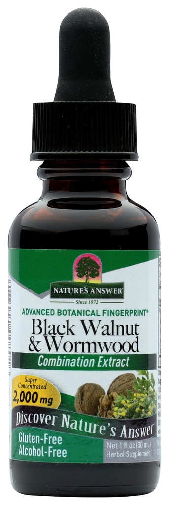 Natures Answer Black Walnut and Wormwood 1 oz 30 ml 200mg. Ekstrakt, vedelik, soodustab seedimist, taimset glütseriin ja puhastatud vesi